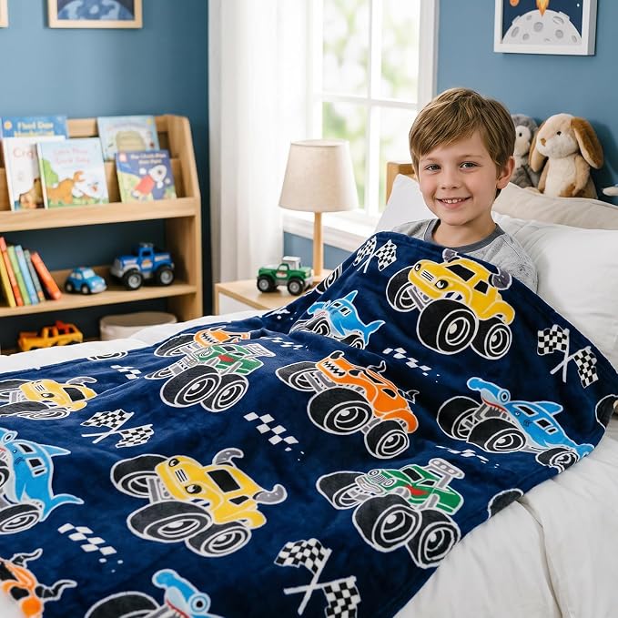 Monster Shark Truck Blanket, Cars Truck Toys Gifts for Boys Age 3-12, Glow in the Dark Blankets for Toddler Boys, Construction Tractor Fleece Throws for Travel Daycare Nap Room Decor, 40x60 inches