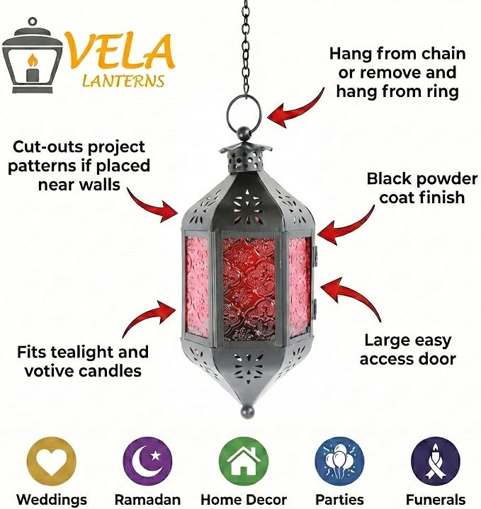 Vela Lanterns Hanging Moroccan Lamp - Exotic Decorative Patio & Porch Decor, Indoor Outdoor Tea Light Candle Lantern Holder with Chain (11" Medium, Red Glass)