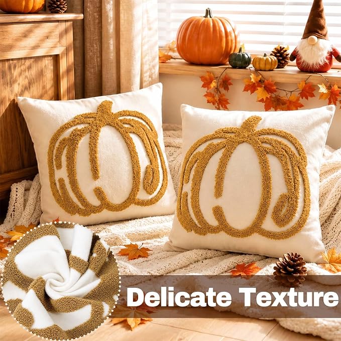 ONFAON Embroidered Fall Pumpkin Pillow Covers 18x18 Inch Set of 2 | Autumn Decor Throw Pillow Cover, Halloween Farmhouse Home Decor Throw Cushion Cases for Living Room Couch Sofa Bed