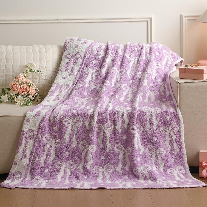 Buryeah Purple Bow Blanket Soft Microfiber Double Sided Bow Throw Blanket 50"x 60" Coquette Aesthetic Dormitory Room Decor Plush Sofa Chair Bedding Stuff for Women, Christmas Fall Thanksgiving Gifts