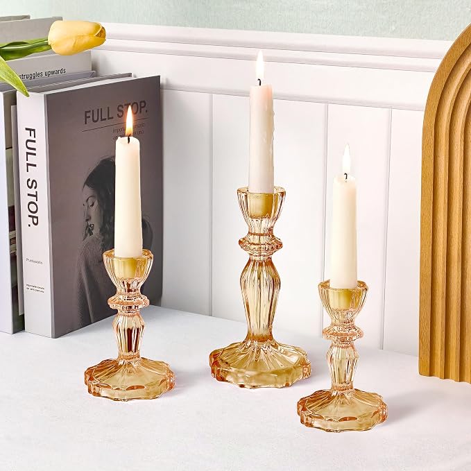 Glass Candlestick Holders Set of 3, Amber Stripe Taper Candle Holders for Table Centerpiece, Home Decorations, Wedding and Party