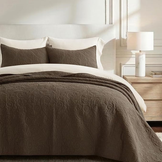 EVERGRACEHOME 100% Cotton Paisley Quilt Set, King Size, Cocoa Brown | Prewashed for Softness, Year-Round Breathability, Gift-Ready Box, Matelasse-style Quilted Coverlet, 3 Piece Set with 2 Shams