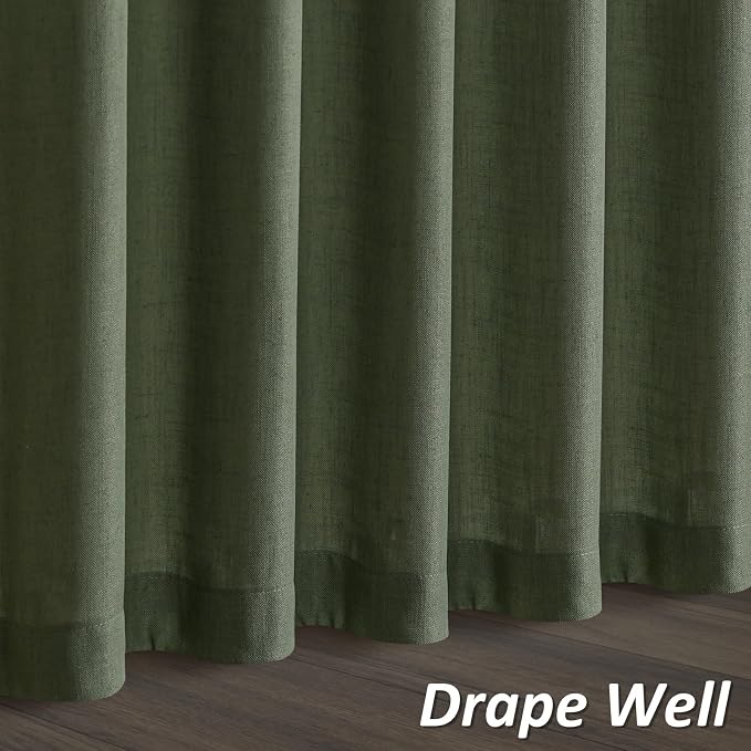Olive Green Linen Curtains 80 Inch Length for Living Room Bedroom 2 Panels Set Rod Pocket Light Filtering Semi Sheer Window Curtains 52 Inch Width Boho Farmhouse Linen Drapes, W52xL80