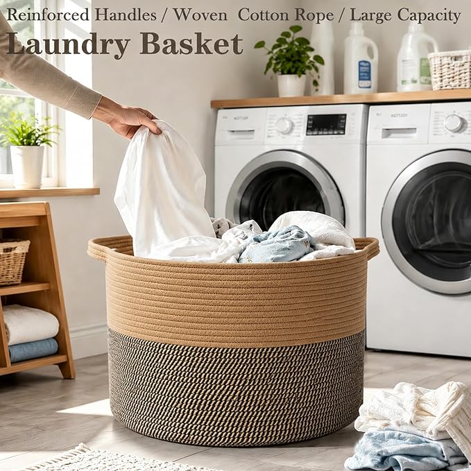 65L Large Blanket Basket,Rope Woven Laundry Baskets-Jute&Black | Collapsible, reinforced handles, nursery storage bin organizes clothes, toys and pillows for living room, bedroom bathroom