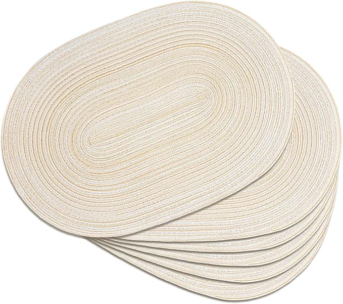 Placemats Set of 6, Woven Oval Braided Dining Table Mats(Beige) | 12 x 17.5 Inch Size Fits Plates and Flatware; Hand Washable and Heat Resistant for Kitchen Use, with Farmhouse and Boho Style
