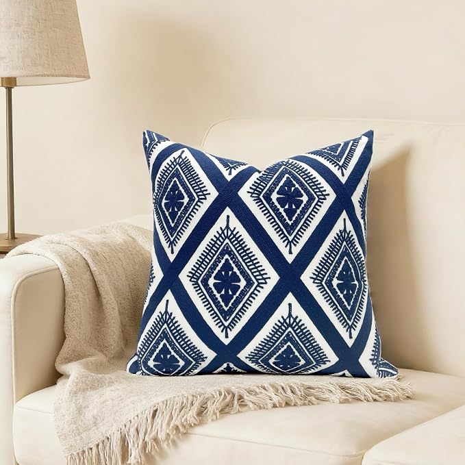 Slow Cow Embroidery Navy Blue Pillow Covers Cushion Covers Invisible Zipper for Living Room 18 x18 Inch