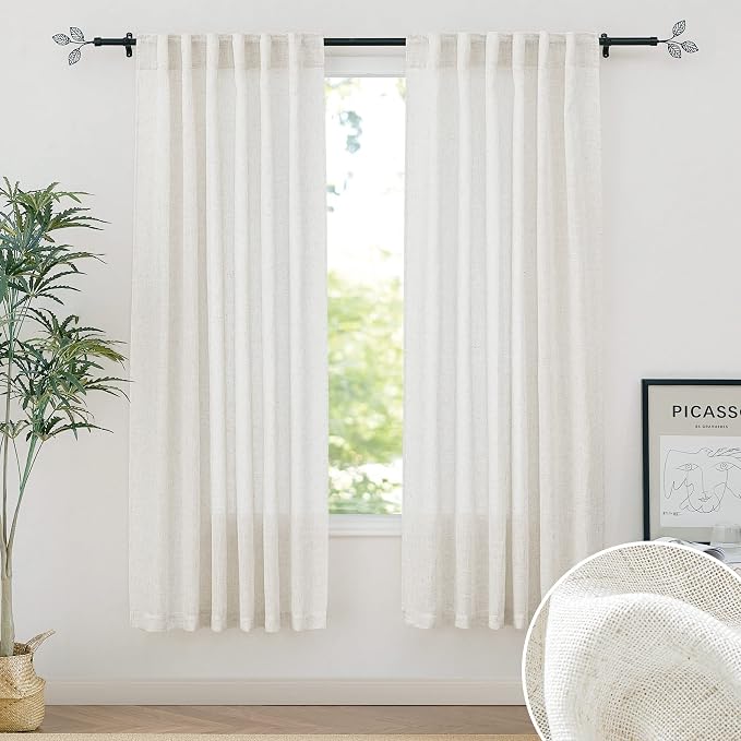 RYB HOME Light Filtering Linen Sheer Curtains 72 inch Long for Farmhouse | Linen Blend Burlap, Semi Transparent, UV Protection, Dorm Laundry Room, Rod Pocket & Back Tab, W52 x L72, Linen, 2 Panels