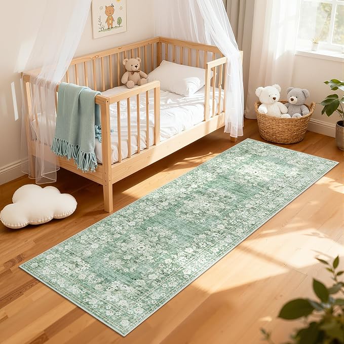 GarveeHome 2x6 Runner Rug for Hallway Sage Green Vintage Floral Carpet | Low Pile Machine Washable Non-Slip Botanical Accent Mats Boho Flower Bordered Throw Long Rug for Kitchen Bathroom Laundry