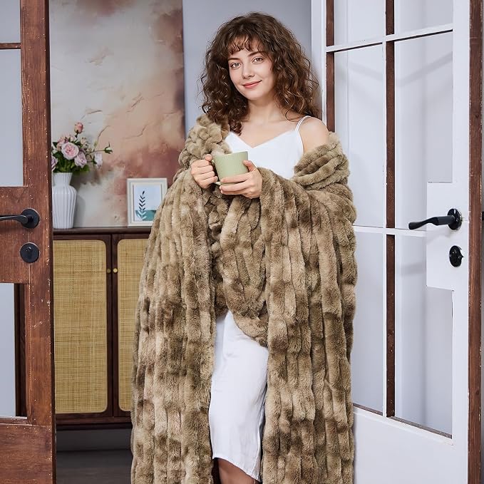 Lotus Karen Faux Fur Throw Blanket, 900 GSM Dual-Sided Soft Ruched Fluffy Blanket for Couch, Cozy Fuzzy Plush Throw Gifts for Women Man Bedroom Living Room (Tie-Dye Dark Coffee, 50"x60")
