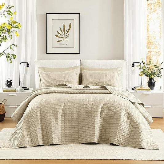 Comfort Spaces Oversized Bedspread King Quilt Set 3 Piece 120 x 118 Ivory | Coverlet for Summer Soft Cozy Lightweight All Season Quilted Extra Layer with Matching Sham, Bedroom Decor OEKO-TEX Certified