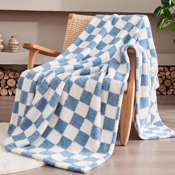 Blue Checkered Twin Size Blanket, Soft Plush Microfiber Fleece Blanket for Couch Sofa Bed, Cozy Decorative Home Blanket, All Season, 60x80 Inches