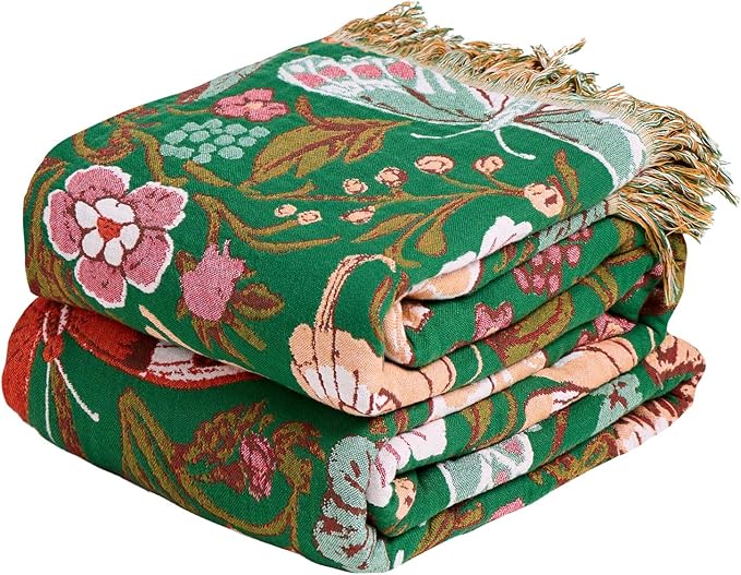 MSGKV Boho Throw Blanket 50"x60" Summer Cotton Butterfly Floral Blanket | 100% Cotton Muslin, Butterfly Throw Blanket, Reversible Jacquard Weave, Soft & Breathable, Machine Washable