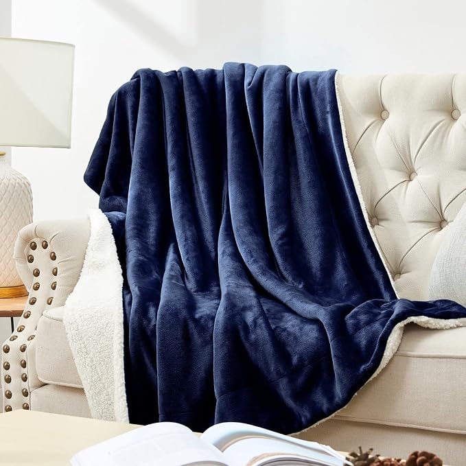 Walensee Sherpa Fleece Blanket (Queen Size 90”x90” Navy) Plush Throw Fuzzy Super Soft Reversible Microfiber Flannel Blankets for Couch, Bed, Sofa Ultra Luxurious Warm and Cozy for All Seasons
