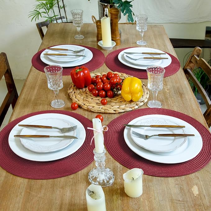 FunWheat Round Braided Placemats Set of 4 Table Mats for Dining Tables Woven Washable Non-Slip Place mats 15 inch(Wine,4pcs)