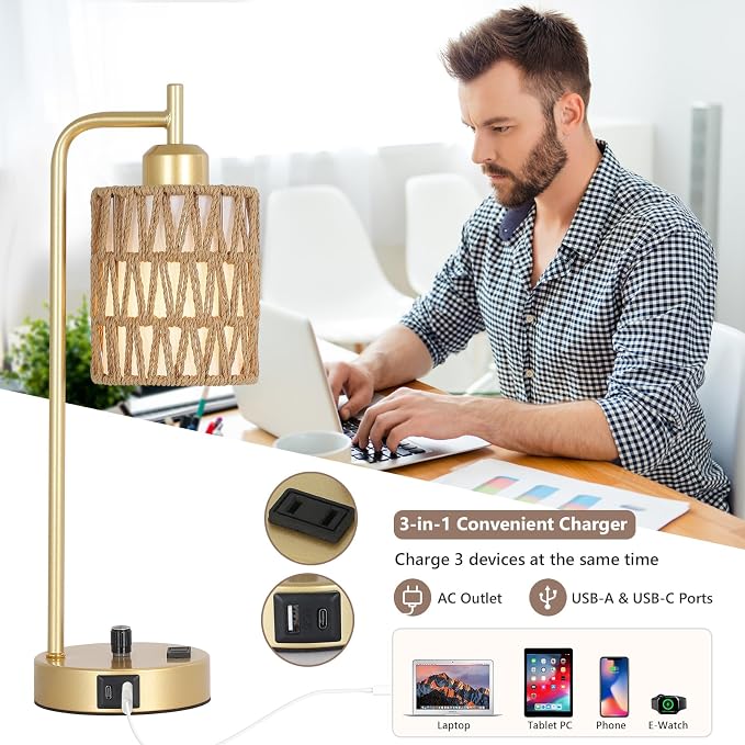 Gold Lamp for Bedroom, Boho Rattan Table Lamps Set of 2 with LED Bulbs, Bedside Lamps for Night Stands with Wicker Shade, USB Port and Outlet, Modern Side Desk Lamp for Living Room Office