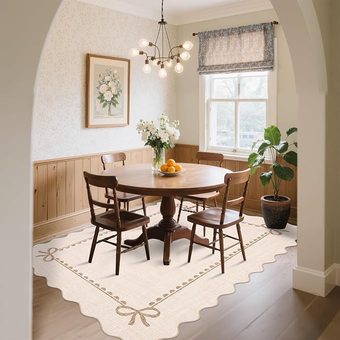 COZYLOOM Machine Washable Area Rugs 4x6 Scalloped Rug for Kids Room Non Slip Non Shedding Bow Bordered Carpet Stain Resistant Low Pile Soft Farmhouse Mats for Living Room, Bedroom, Dining Room, Beige