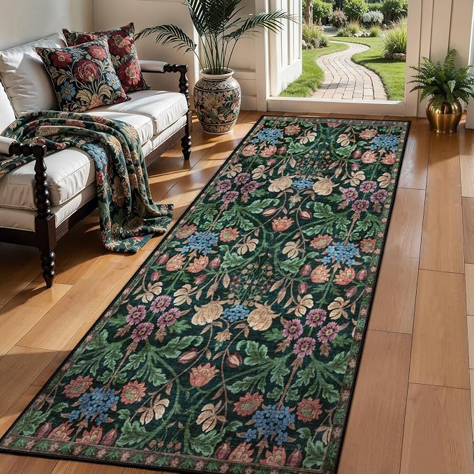 Ciicool 2x6 Runner Rug Non Slip，Floral Washable Kitchen Rugs for Hallways | Entryway Rug for Laundry Bedroom Bathroom Bedside,Boho Soft Low Pile Carpet Indoor Floor Mat Decor
