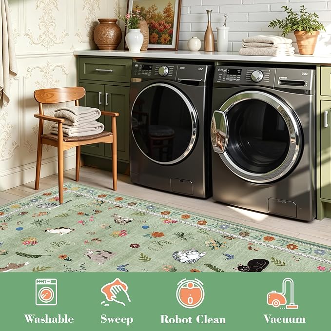 AIMPEAK Green 2x3 Washable Door Mat - Non Slip Low Pile Cat Floral Boho Small Area Rug for Entryway, Kitchen, Front Door, Indoor Entrance, Kids Room Throw Rug Carpet, Green Multi
