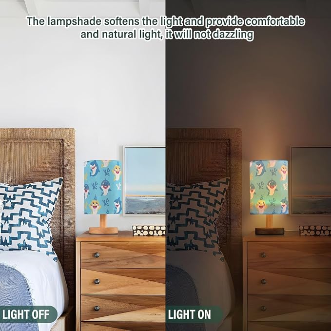 Bedside Lamp Cute Shark Table Lamp for Bedroom LED Nightstand Lamp Shade USB Ports Wood Base for Living Room Dorm Office