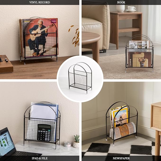 PUERSI Freestanding Magazine Holder, Metal Magazine Rack Floor Stand | Modern Touch Handbag Design, for Magazine, Newspaper, Books, Vinyl Record (Black)