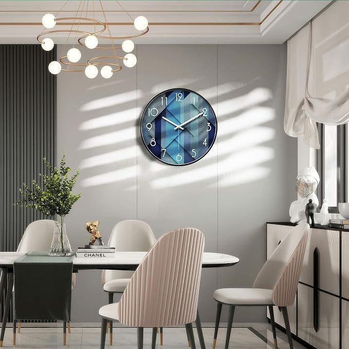 Silent Non-Ticking Analog Wall Clock, Geometric Blue Print, 14'' | Battery Operated, Modern, Metal Frame & HD Tempered Glass, Decorative for Home & Office, Bedroom, Kitchen, Living Room