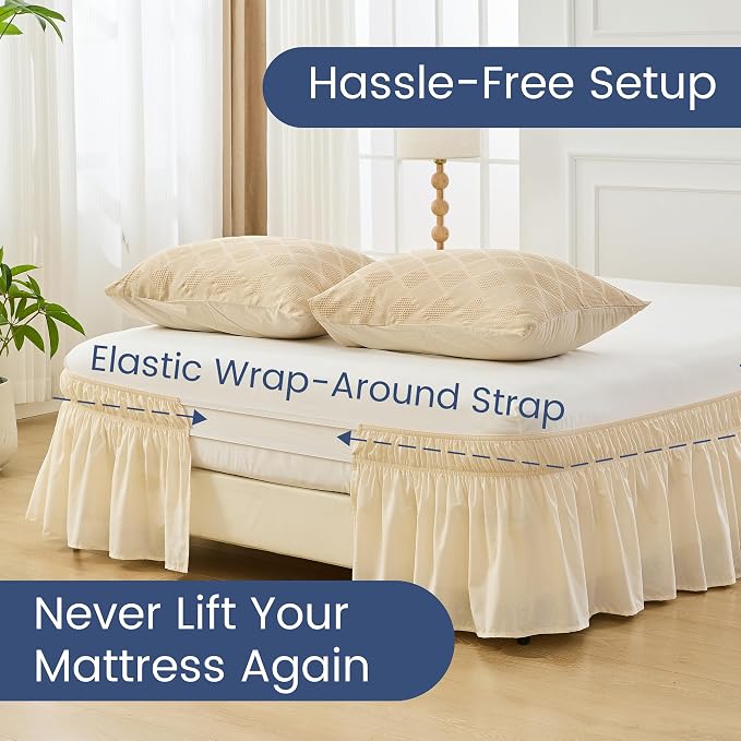 BISELINA Wrap Around Bed Skirts 17" Drop, Cotton Adjustable Elastic Dust Ruffles Easy Fit Wrinkle & Fade Resistant Soft Cozy Elegant Luxurious Bedding - Beige, King Size
