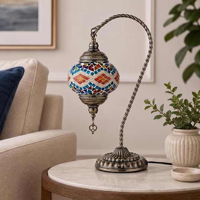 GOGERS Swan Neck Turkish Moroccan Lamp Handmade Stained Mosaic Glass Vintage Lamp Shade Bohemian Tiffany Style Bedside Night Lamp Lighting for Bedroom Living Room (Colorful)