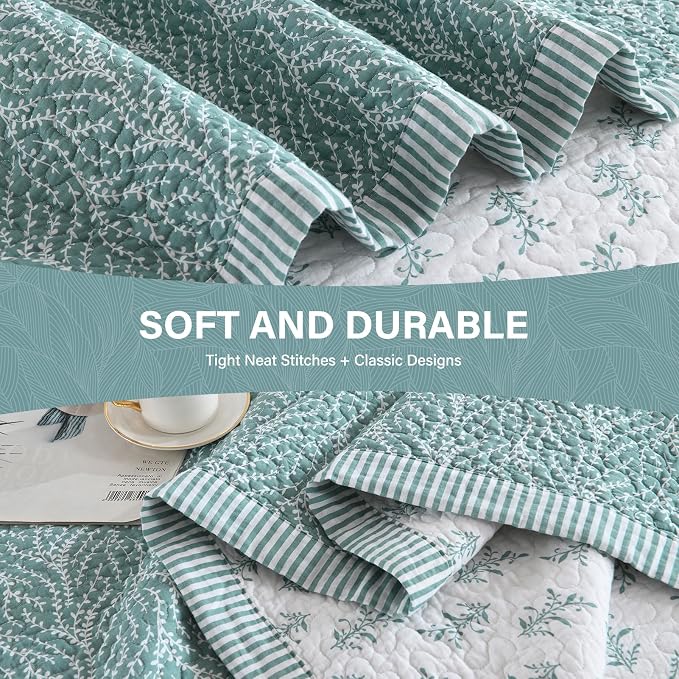 SahSahCasa Quilt Set Queen Size, 100% Cotton Quilt Bedding Set Bedspread, Botanical Pattern Solid Color Chic Lightweight Quilted Comforter for Queen Bed, White/Teal, All Season, 3PCs