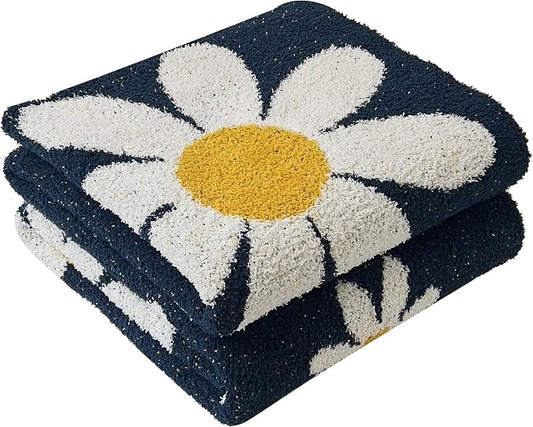 Ultra Soft Cozy Daisy Sunflower Knitted Throw Blanket Fluffy Microfiber Checkerboard Bed Blanket Lightweight Both Sides Blanket for Couch Sofa Bed (Daisy Bule, Baby 30"x40")
