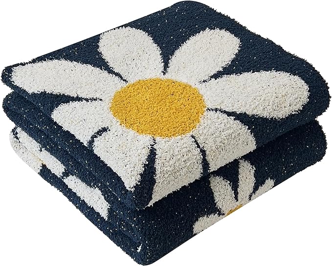 Ultra Soft Cozy Daisy Sunflower Knitted Throw Blanket Fluffy Microfiber Checkerboard Bed Blanket Lightweight Both Sides Blanket for Couch Sofa Bed (Daisy Bule, Throw 50“x60”)
