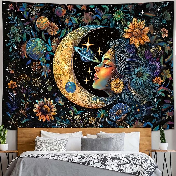 Accnicc Sun and Moon Tapestry for Bedroom Hippie Boho Floral Flower Plant Wall Tapestry Aesthetic Vintage Galaxy Celestial Star Spiritual Large Tapestries Wall Hanging for Living Room Dorm 80 x 60 Inch