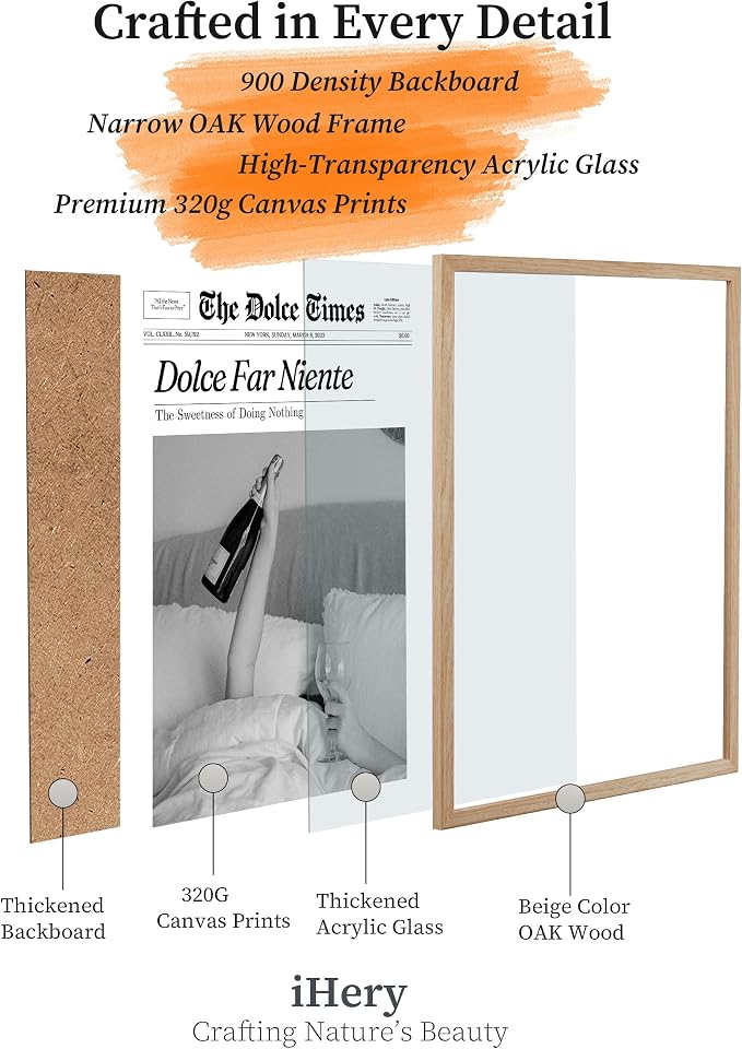 iHery 16x20in Dolce Far Niente Framed Newspaper Wall Art | Natural OAK Wood Frame with Canvas Print, The Sweetness of Doing Nothing Decor for Bedroom, Living Room and Dorm, 1Pack
