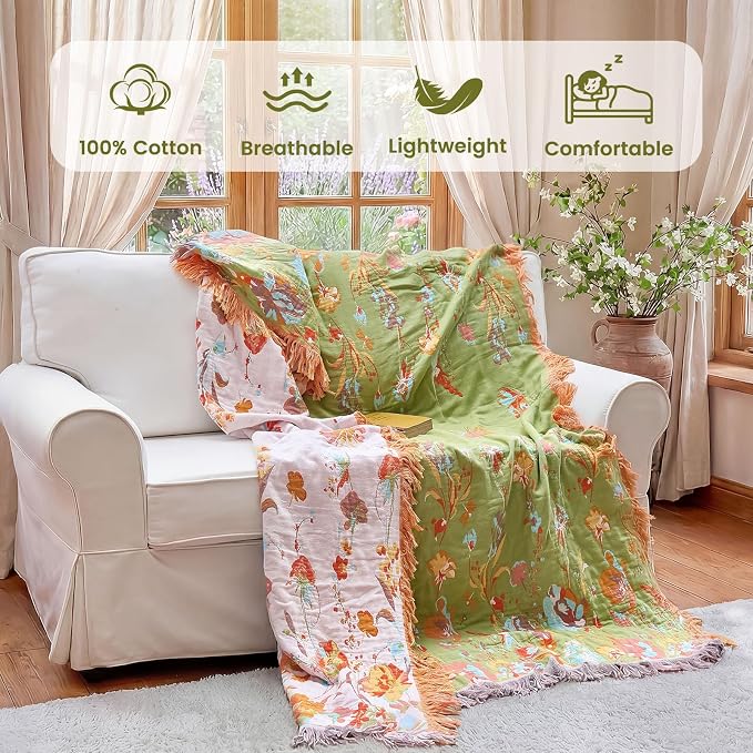 MSGKV Boho Throw Blanket 60"x80" Summer Cotton Butterfly Floral Blanket | Butterfly Floral Pattern, Muslin Throw, Reversible Woven, Lightweight Comfort, Farmhouse Decor, All Season, Machine Washable