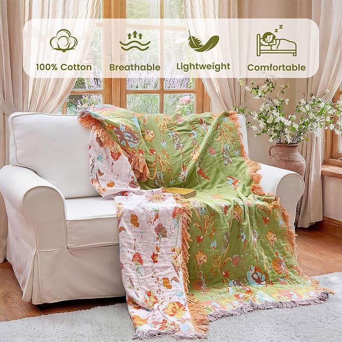 MSGKV Boho Throw Blanket 90"x90" Summer Cotton Butterfly Floral Blanket | 100% Cotton Muslin, Butterfly Throw Blanket, Reversible Weave, Soft & Breathable, Rose Floral Design, Machine Washable