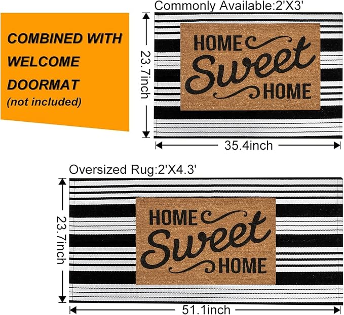 Black and White Outdoor Rug 3'x 5',Striped Farmhouse Front Porch Mat | Machine Washable Hand-Woven Outdoor Front Porch Rug Combined Use With Hello Welcome Mat