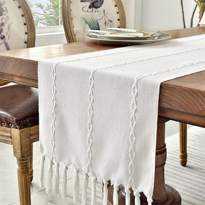 Wracra Rustic Linen Table Runner, White Table Runners 60 inches Long | Raised Embroidered Design and Hand-Tassels;Cotton Linen Woven Fabric; Farmhouse Table Runner;Home Kitchen Dining Decor