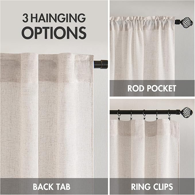 MIULEE White Linen Curtains 52x96 Inch Long for Bedroom Living Room | Soft Thick Linen Textured Window Drapes, Semi Sheer Light Filtering, Back Tab Rod Pocket,Burlap Look Christmas Decor，2 Panels