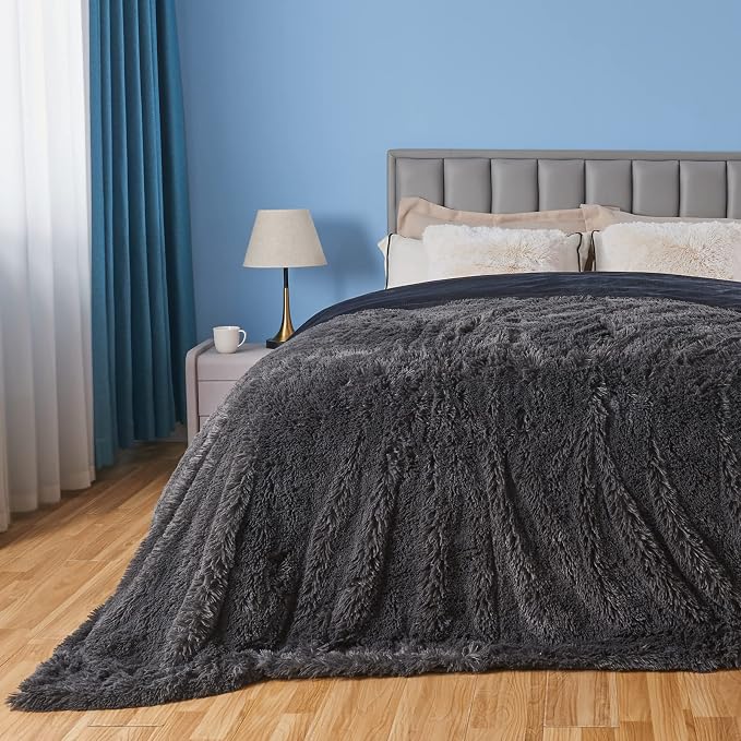 GONAAP Fuzzy Faux Fur Queen Blanket for Couch, Dark Grey, 90"x90" | Warm Cozy Plush Shaggy Decorative Reversible Thick Non-Heated Fleece Blanket for Sofa Bed, Gift for Women Men, All Season Use