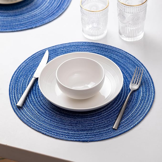 BARoyal Round Placemats Set of 6 Woven Placemats Washable Braided Table Mats for Dining Table Heat Resistant Non-Slip Circle Place Mats(Royal Blue)