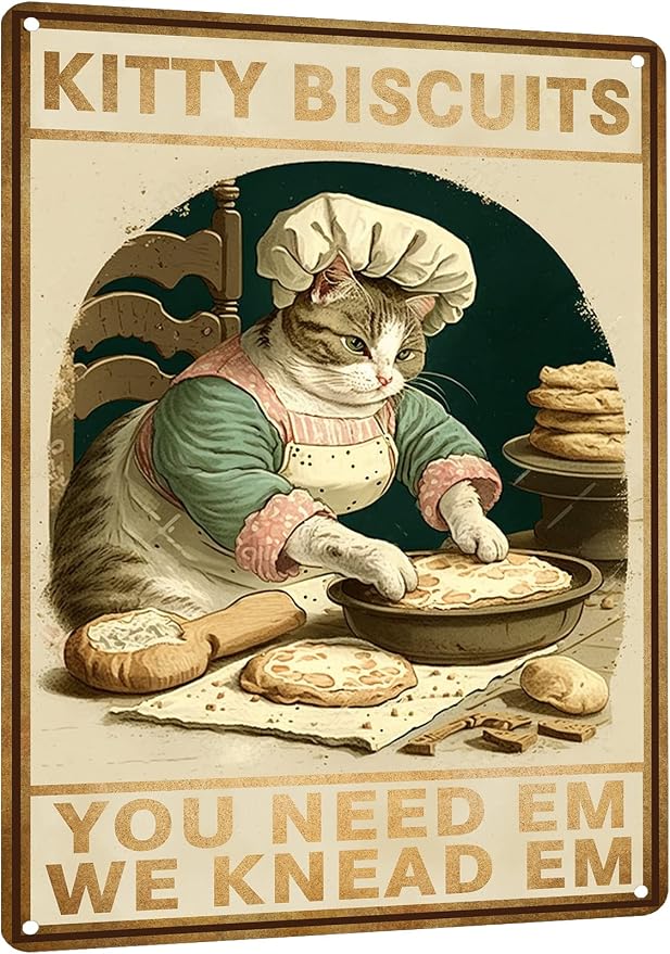 HYBLOM Cottagecore Decor - Cat Signs - Kitty Biscuits You Need Em We Knead Em Poster - Vintage Home Wall Art Metal Tin Sign 12x8 Inches