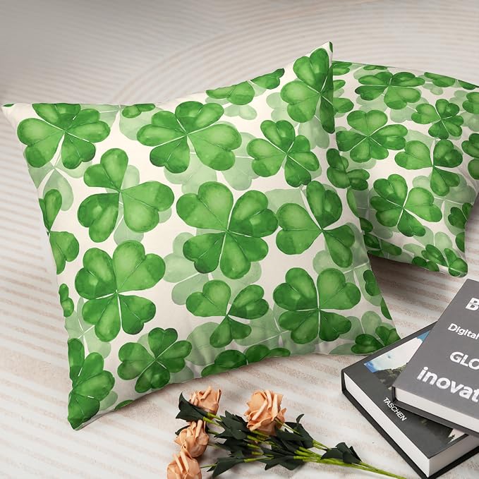 Saint Patricks Day Pillow Covers 22x22 Green Clover Pillow Case Set of 2 Lucky Charm Throw Pillow Covers St Patricks Cotton Blend Cushion Case for Living Room Sofa Couch