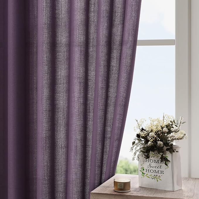 Plum Linen Curtains 108 Inches Long for Living Room 2 Panels Set Extra Long Back Tab Curtain Semi Sheer Light Filtering Plum Drapes Floor to Ceiling Curtains for Large Windows 52x108
