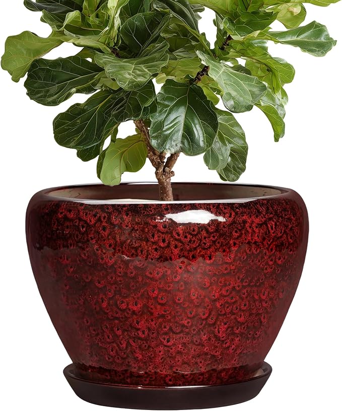 Ceramic Plant Pots - 10 Inch Planters for Plants Indoor Outdoor, Round Plant Pots with Drainage Hole and Saucer, Decorative Indoor Planter, Office Decor, Gifts for Plant Lovers, Red Leopard