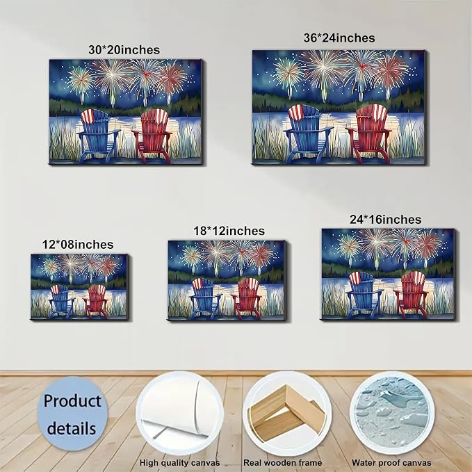 Framed 4th of July Fireworks Adirondack Chair Wall Art, Patriotic Lake Canvas Art Pictures, USA Flag Wall Decor, Made in USA Ready to Hang for Living Room Porch