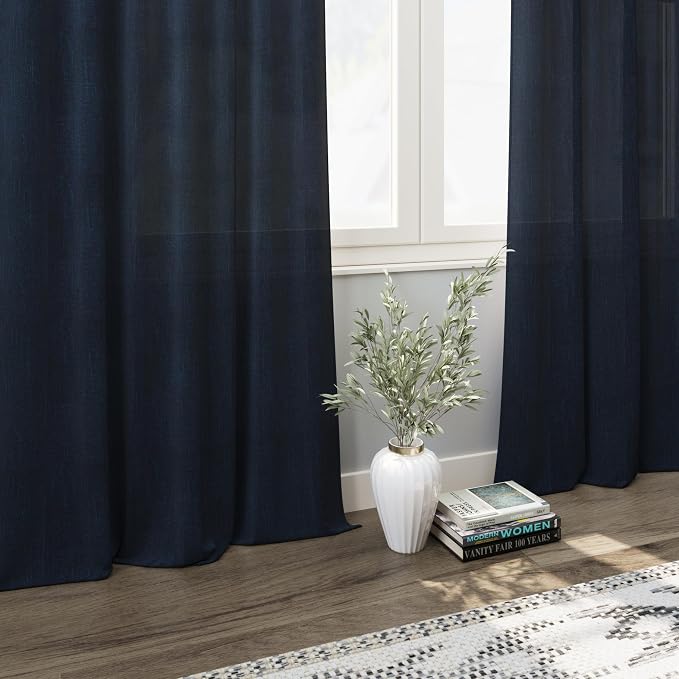 Navy Blue Linen Curtains 96 inches Long for Bedroom Back Tab Light Filtering Privacy Sheer Blue Curtains Boho Farmhouse Nautical Decor Indigo Blue Cotton Textured Draperies 2 Panel Set 52x96