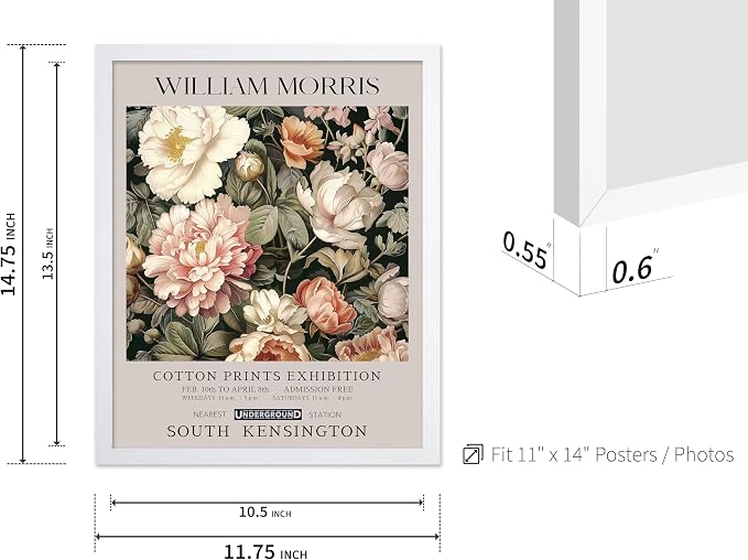 Poster Master William Morris Poster - Pink Peonies Print - Flower Art - Botanical Art - Exhibition Illustration - Textile Pattern Illustration - Floral Illustration - Aesthetic Office or Bedroom Decor - 11x14 White Framed