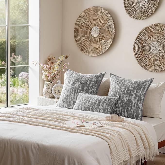 a moment Throw Pillow Covers 20x20 Inch Set of 2, Soft Textured Decorative Tie-Dye Style Cushion Covers, Modern Boho Farmhouse Home Decor Pillow Cases for Couch, Bed, Living Room,Grey