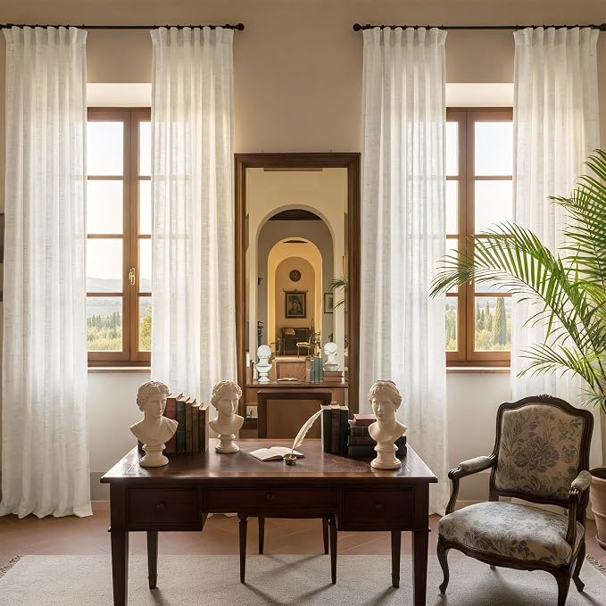NICETOWN Linen Burlap Sheer Curtains 72 inches Long, Rod Pocket & Back Tab Semi Sheer Privacy Drapes Light Filtering Window Treatments Breathable for Bedroom, W52 x L72, 2 Panels