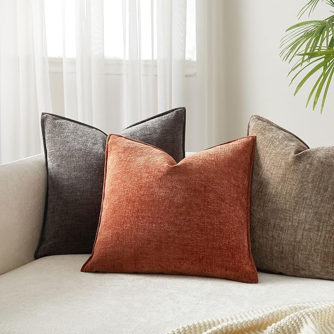 24x24 Chenille Decorative Throw Pillow Covers Case Set of 2,Burnt Orange | Cozy Soft Cushion Covers Case with Hidden Zipper for Couch Sofa Bed Home Decor Living Room
