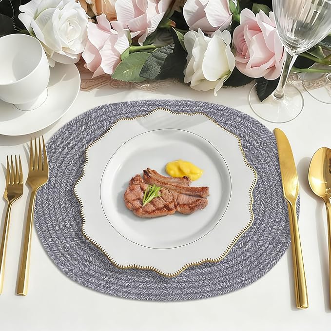 Oval Woven Placemats Set of 6, Boho Cotton Rope Braided Table Mats, 17x13 Inches Non Slip Heat Resistant Place Mats for Dining Room, Thick Hot Pads for Farmhouse Kitchen Table Decor. (Gray)